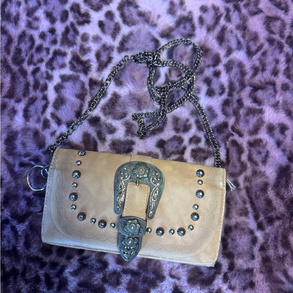 Studded Beige Clutch with Chain Strap